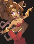  1girl absurdres animal_ears arabian_clothes bandeau bare_shoulders belly_dancing bracer breasts brown_hair cat_ears cat_girl cat_tail circle circlet cleavage cosplay cowboy_shot dancer dark-skinned_female dark_skin earrings gameoverse gold gold_bracer gold_circlet harem_outfit harem_pants highres hoop_earrings jewelry kit_(gameoverse) long_hair midriff navel notus_49 o-ring o-ring_top pants ponytail purple_eyes red_bandeau red_pants shantae shantae_(cosplay) shantae_(series) tail very_long_hair 