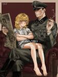  1boy 1girl age_difference art_trade artist_name bare_arms bare_legs barefoot between_fingers black_boots black_eyes blonde_hair blush boots border brown_border brown_hair buttons cigarette collared_jacket collared_shirt commentary couch cross crossed_arms crossed_legs cyril_1214 empty_eyes english_commentary expressionless fanfiction_available feet_out_of_frame film_grain fingernails frown full_body green_eyes grey_jacket grey_pants grey_shorts hair_behind_ear hands_up highres holding holding_cigarette holding_newspaper iron_cross jacket jitome knee_boots lapels layered_sleeves long_sleeves looking_ahead looking_at_viewer medium_hair nazi newspaper no_pupils nostrils on_couch original outside_border pants peaked_lapels pocket puffy_pants reading red_background ribbed_shirt shirt short_hair short_shorts shorts simple_background sitting sitting_on_lap sitting_on_person smoke soldier sparkle stitched_mouth stitches swept_bangs toes very_short_hair white_shirt world_war_ii 