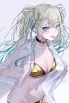  1girl aqua_eyes aqua_hair bikini blonde_hair choker commentary_request gold_bikini gradient_hair hair_ornament hairclip highres ichijo-lemon midriff multicolored_hair navel nijisanji open_clothes open_shirt reina_(nijisanji) shirt solo star_(symbol) swimsuit twintails virtual_youtuber water watermark white_shirt 