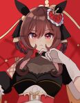  1girl absurdres animal_ears bare_shoulders blush braid braided_hair_rings breasts brown_hair cleavage collarbone commentary_request corset detached_sleeves dress ear_covers ear_ornament gentildonna_(regina_dei_fiori)_(umamusume) gentildonna_(umamusume) gloves hair_between_eyes hair_ornament hair_rings heart-shaped_ornament heart_ear_ornament highres horse_ears horse_girl large_breasts long_hair looking_at_viewer parted_lips red_corset red_eyes see-through_cleavage see-through_clothes shiroiro_obake solo umamusume upper_body white_gloves 