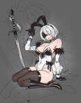  2b_(nier:automata) adapted_costume alternate_breast_size_(larger) alternate_costume animal_ear_hairband animal_ears arm_support black_boots black_choker black_gloves black_thighhighs blindfold_mask boots breasts breasts_apart choker commentary covered_navel crystalsugarstars detached_sleeves fake_animal_ears full_body gloves hair_over_one_eye hairband high_heel_boots high_heels highres katana large_breasts leotard mask mole nier:automata nier_(series) playboy_bunny rabbit_ear_hairband rabbit_ears short_hair sketch_inset skindentation sword thighhighs weapon white_hair 
