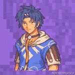  1boy blue_hair blue_hoodie cai_(fire_emblem) dark-skinned_male dark_skin fire_emblem fire_emblem:_fortune's_weave highres hood hood_down hoodie looking_at_viewer male_focus pixel_art solo theblindarcher two-tone_hoodie white_hoodie yellow_eyes 