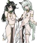  2girls absurdres animal_ears arknights arm_behind_back black_hair blush breasts cat_ears cat_girl embarrassed green_eyes green_hair groin hair_over_one_eye hand_up heart_pasties highres hip_focus kal'tsit_(arknights) light_frown long_hair looking_at_viewer medium_breasts mon3tr_(arknights) multicolored_hair multiple_girls navel nipples no_panties open_mouth pasties pelvic_curtain shy skirt standing stomach thighs two-tone_hair very_long_hair whate=3r white_skirt 