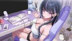  1girl absurdres animal armpit_crease bare_shoulders black_hair black_shorts breasts camisole can cat cellphone chair cleavage collarbone computer_keyboard crop_top earphones fang from_side gaming_chair hand_up highres indoors jewelry large_breasts long_hair looking_at_viewer looking_to_the_side micro_shorts microphone midriff monitor multicolored_hair navel open_mouth original phone purple_eyes shirt short_shorts shorts sitting sleeveless sleeveless_shirt smartphone smile solo spaghetti_strap stomach strap_gap strap_slip streaked_hair stuffed_animal stuffed_toy sweatdrop swivel_chair teddy_bear thighs white_shirt yamu_(yamu_030) 