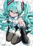  1girl aqua_eyes aqua_hair aqua_nails aqua_necktie bare_shoulders black_boots black_skirt boots breasts commentary_request detached_sleeves hatsune_miku highres long_hair looking_at_viewer luicent nail_polish necktie number_tattoo on_floor shirt shoe_soles shoulder_tattoo signature sitting skirt solo tattoo thigh_boots tile_floor tiles twintails very_long_hair vocaloid wariza white_shirt 