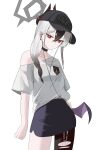  1girl absurdres black_choker black_hair black_hat black_horns black_pantyhose black_skirt blue_archive casual choker closed_mouth collarbone commentary_request cowboy_shot demon_horns ear_piercing earphones earrings hair_between_eyes halo hat highres horns jewelry kayoko_(blue_archive) korean_commentary looking_at_viewer mopi_(oooo5412) multicolored_hair pantyhose piercing purple_wings red_eyes shirt short_sleeves simple_background single_leg_pantyhose single_wing skirt solo standing two-tone_hair white_background white_hair white_shirt wings 