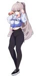  1girl black_pants blue_sweater breasts bronya_zaychik bronya_zaychik_(silverwing:_n-ex) clothes_writing commentary dr3amoon english_commentary grey_eyes grey_hair holding_thermos honkai_(series) honkai_impact_3rd id_card large_breasts long_hair looking_at_viewer pants simple_background solo sweater thermos very_long_hair white_background yoga_pants 