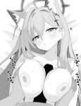  1boy 1girl absurdres animal_ears blue_archive blush breasts censored extra_ears greyscale hair_ornament halo hetero highres large_breasts long_hair monochrome nipples nui_(nuinui0300) paizuri penis pov shiroko_terror_(blue_archive) wolf_ears 