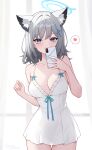  1girl absurdres animal_ear_fluff animal_ears blue_archive blue_eyes blue_halo breasts camisole commentary cowboy_shot cross grey_hair halo heart highres holding holding_phone inverted_cross looking_at_viewer medium_breasts medium_hair origami_(poinia) phone selfie shiroko_(blue_archive) solo spoken_heart thigh_gap white_camisole wolf_ears wolf_girl 