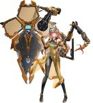  1girl absurdres bare_shoulders blue_eyes breasts brown_hair full_body gloves goggles goggles_on_head green_eyes gun hand_on_own_hip highres hk419 holding holding_weapon long_hair looking_at_viewer mecha_musume original science_fiction see-through_clothes shield solo standing tachi-e transparent_background weapon 