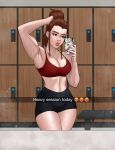  1girl absurdres armpits beghast braid braided_sidelocks breasts brigitte_(overwatch) brown_eyes brown_hair cleavage collarbone curvy earrings emoji english_commentary english_text freckles hair_pulled_back hand_in_own_hair highres holding holding_phone jewelry large_breasts lips locker locker_room long_hair mirror overwatch phone ponytail selfie sidelocks solo sports_bra sportswear stomach stud_earrings sweat sweaty_clothes toned toned_female 