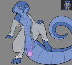  anthro balls big_balls big_penis big_tail blue_body blush blush_lines clothing cobra genitals hi_res jumpsuit male penis reptile scalie simple_background snake solo space_station_13 space_station_14 spread_legs spreading tail typicalwalker undressing 