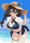  1girl bikini black_hair blue_bikini blue_eyes blue_sky braid breasts brown_hat cloud collared_shirt dress_shirt front-tie_bikini_top front-tie_top hair_between_eyes hair_flaps hat kantai_collection kitagawa_mikio large_breasts long_hair looking_at_viewer neck_ribbon official_alternate_costume ribbon shigure_(kancolle) shigure_kai_san_(kancolle) shigure_kai_san_(swimsuit)_(kancolle) shirt side-tie_bikini_bottom single_braid sky solo straw_hat sun_hat swimsuit thigh_strap white_shirt 