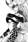  1girl ass bare_shoulders black_scales braid breasts commentary cowboy_shot earrings english_commentary forehead from_side grin highres holding holding_weapon horns jewelry large_breasts lizard_tail long_hair looking_at_viewer monochrome monster_girl one-punch_man panties pointy_ears raptora_(one-punch_man) reptile_girl saizuart sharp_teeth smile solo spikes tail teeth thighs twin_braids twitter_username underboob underwear very_long_hair weapon 