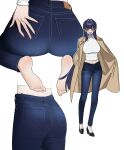  1girl absurdres ass barefoot black_hair blue_hair blush breasts brown_cat cat colored_inner_hair commentary_request denim freeman_(tkuh4475) full_body hair_intakes hand_on_own_ass highres hololive hololive_english jeans large_breasts long_hair looking_at_viewer midriff multicolored_hair multiple_views navel ouro_kronii pants simple_background smile soles stomach straight_hair sweater two-tone_hair very_long_hair virtual_youtuber white_background white_sweater 