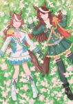  2girls absurdres amenamae animal_ear_piercing animal_ears ascot black_gloves black_shoes black_thighhighs blue_sash blush boots brown_hair cape catching_breath closed_eyes collared_shirt commentary_request earrings epaulettes field flower flower_field footwear_ribbon frilled_skirt frills from_above gloves gold_buttons grass hair_ribbon high_ponytail highres horse_ears horse_girl horse_tail jewelry lying medal multicolored_hair multiple_girls on_back open_mouth outdoors pink_flower pleated_skirt ponytail red_cape ribbon sash shirt shoes silver_buttons single_earring single_epaulette skirt symboli_rudolf_(emperor's_path)_(umamusume) symboli_rudolf_(umamusume) tail thighhighs tokai_teio_(peak_joy)_(umamusume) tokai_teio_(umamusume) umamusume white_boots white_gloves white_hair white_skirt yellow_sash zettai_ryouiki 