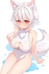  1girl alternate_costume animal_ear_fluff animal_ears breasts chunjiu cleavage cleavage_cutout clothing_cutout collarbone commentary_request grey_hair hair_between_eyes highres inubashiri_momiji large_breasts looking_at_viewer missing_headwear one-piece_swimsuit pom_pom_(clothes) red_eyes short_hair sideboob simple_background sitting solo swimsuit tail thighs touhou white_background white_one-piece_swimsuit wolf_ears wolf_girl wolf_tail 