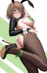  1girl animal_ears ankle_bow ankle_ribbon ass bang_dream! black_shoes bow breasts brown_hair commentary_request detached_collar fishnet_thighhighs fishnets from_behind from_below glasses green_bow green_eyes grin heart_pasties high_heels highres lambda_(kusowarota) large_breasts latex latex_legwear leg_ribbon looking_at_viewer pantyhose pasties playboy_bunny rabbit_ears rabbit_tail red-framed_eyewear reverse_bunnysuit reverse_outfit ribbon semi-rimless_eyewear shoes short_hair smile solo tail thighhighs under-rim_eyewear w white_wrist_cuffs wrist_cuffs yamato_maya 