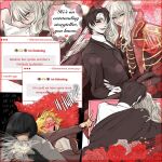  2boys 2girls biting biting_neck black_coat black_gloves black_hair black_jacket black_necktie blonde_hair cigarette coat commentary don_quixote_(project_moon) english_commentary english_text epaulettes feather_boa feathers flower gloves highres jacket la_manchaland's_don_quixote_(project_moon) lighter limbus_company long_hair mask mcnauru multiple_boys multiple_girls necktie project_moon red_eyes red_feathers red_necktie rien_(project_moon) rose ryoshu_(project_moon) sancho_(project_moon) shirt short_hair single_glove smoke smoking speech_bubble strawpage white_gloves white_hair white_shirt yaoi yellow_eyes 
