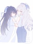  2girls black_hair black_skirt blue_bow blue_eyes bow bronya_zaychik commentary_request dress grey_eyes grey_hair hair_bow half_updo highres honkai_(series) honkai_impact_3rd long_hair multiple_girls pencil_skirt pink_pupils rinna_(xxrinna) seele_vollerei shirt skirt sleeveless sleeveless_shirt very_long_hair watermark white_dress 