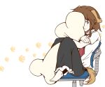  animal_ears barefoot black_skirt blush bone-shaped_pillow bow brown_eyes brown_hair chair check_commentary closed_mouth collar collared_shirt commentary_request dog_ears dog_girl dog_tail frilled_skirt frills hair_bow hand_on_own_arm kemonomimi_mode missing_headwear necktie paw_print paw_print_background red_collar red_necktie shirt shirt_tucked_in short_sleeves sitting skirt sweat tail touhou unagi_sango usami_renko white_background white_bow white_shirt 