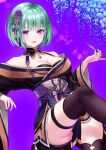  1girl absurdres black_thighhighs blue_nails breasts commentary_request earrings flower green_hair grey_flower highres holding holding_smoking_pipe jewelry mary_is_mine mole mole_on_breast obi open_mouth purple_background purple_eyes purple_flower purple_sash sash short_hair smoking_pipe solo tassel thighhighs virtual_youtuber vspo! yakumo_beni 