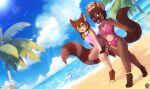 absurd_res anthro beach breasts clothing crown duo gynomorph hand_holding headgear hi_res intersex intersex/male looking_at_viewer male palm_tree plant rainbow sand sea senz smile tree walking water