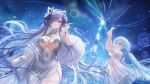 august_von_parseval_(azur_lane) azur_lane blue_eyes breasts building cleavage dress fur-trimmed_jacket fur_trim game_asset grey_eyes grey_hair highres holding holding_phone horns jacket janus_(azur_lane) long_hair looking_at_viewer midriff non-web_source phone see-through_clothes silver_dress very_long_hair white_dress 