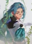  1boy absurdres animal_on_shoulder black_cat blue_eyes blue_hair cat cat_on_shoulder closed_mouth highres long_hair looking_at_animal male_focus muyihui original plant portrait shirt solo vines white_shirt 