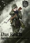  1girl abstract_background ammunition_pouch assault_rifle bag battlefield_(series) battlefield_v belt belt_buckle black_bag black_belt black_gloves blonde_hair blue_eyes blurry blurry_background buckle buttons chinese_commentary commentary cuff_title dated gas_mask_canister gloves green_hat green_jacket green_pants gun gun_on_back gun_sling hair_between_eyes handgun hat head_tilt highres holding holding_gun holding_weapon jacket long_sleeves looking_ahead m43_field_cap military military_hat military_jacket military_uniform monochrome_background mou_mou_wen_mw nazi original pants parted_lips plain_epaulettes pouch reichsadler rifle soldier solo ss_insignia stg44 two-handed waffen-ss walther_p38 weapon weapon_on_back wolfsangel world_war_ii 