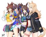  4girls animal_ears argyle_clothes argyle_shirt bandeau bead_bracelet beads belt black_belt black_jacket blonde_hair blue_bow blue_hair blue_shirt blush bow bracelet breasts brown_hair chain closed_mouth collar commentary_request crop_top cropped_jacket cutoffs daitaku_helios_(fun_fun_party_night)_(umamusume) daitaku_helios_(umamusume) denim denim_shorts ear_bow ear_covers everfree_lovelive facial_tattoo fang fishnet_top fishnets fur-trimmed_jacket fur_trim gloves gold_chain gold_city_(authentic/1928)_(umamusume) gold_city_(umamusume) green_skirt grey_eyes gsk_(umamusume) hair_ornament hairclip horse_ears horse_girl horse_tail jacket jewelry long_hair long_sleeves medium_breasts mejiro_palmer_(line_breakthrough)_(umamusume) mejiro_palmer_(umamusume) midriff multicolored_hair multiple_girls navel necklace one_eye_closed open_clothes open_jacket open_mouth pink_belt ponytail purple_belt purple_collar shirt shorts side_ponytail single_glove skirt smile star_(symbol) star_hair_ornament strapless streaked_hair striped_bandeau tail tattoo tied_shirt tosen_jordan_(jokester_vibes)_(umamusume) tosen_jordan_(umamusume) tube_top twintails umamusume white_hair white_jacket white_shorts yellow_belt yellow_eyes yellow_shirt 