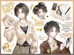  1girl belt black_belt black_hair book border breast_pocket breasts charger closed_mouth collared_shirt commentary curtained_hair eleanor_si emoji english_commentary english_text eyes_visible_through_hair flower hand_up hands_up highres holding holding_book holding_phone inaterayukiha index_finger_raised jewelry layered_clothes long_sleeves looking_at_viewer love_curse:_find_your_soulmate multiple_views musical_note necklace phone pocket rose shirt short_hair smile sparkle spoken_musical_note star_(symbol) wire wireless_earphones yellow_eyes 