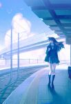  1girl absurdres bag black_bag black_hair black_jacket black_shoes black_socks blue_sky blue_theme chinese_commentary closed_mouth cloud cloudy_sky collared_shirt commentary_request day full_body gootai green_ribbon green_skirt highres higurashi_kagome inuyasha jacket kneehighs long_sleeves looking_to_the_side neck_ribbon outdoors pleated_skirt ribbon shirt shoes skirt sky socks solo standing train_station white_shirt 