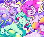  3girls artist_name bare_shoulders blonde_hair blue_skin breasts brown_eyes cleavage closed_eyes collarbone colored_skin earrings gradient_hair green_hair green_skin grin jewelry large_breasts long_hair looking_at_viewer marina_(omori) medusa_(omori) molly_(omori) multicolored_hair multiple_girls navel necklace omori open_mouth osulan parted_lips pink_hair purple_skin red_eyes sharp_teeth short_hair slime_girls_(omori) smile teeth tentacle_hair two-tone_hair white_hair 