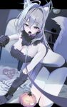  1girl 966_kururu_966 absurdres ahoge animal_collar animal_ears bare_shoulders black_fur black_gloves black_panties black_tube_top blue_archive blue_eyes blue_halo breasts cleavage collar commentary_request fur_collar fur_gloves gloves grey_hair hair_between_eyes hair_intakes halo heterochromia highres jack-o'-lantern kneeling large_breasts leash long_hair looking_at_viewer open_mouth panties shiroko_terror_(blue_archive) solo strapless tail thighs tongue tongue_out tube_top underwear very_long_hair wolf_ears wolf_tail 