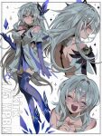  1girl bare_shoulders blue_gloves blue_thighhighs breasts cleavage closed_eyes colored_extremities crossed_bangs crystal_shards dated dress elbow_gloves facing_viewer from_side frown full_body genshin_impact gloves grey_eyes grey_hair hair_between_eyes hair_intakes hair_ornament hand_up happy_birthday highres koooooo63532680 long_hair looking_at_viewer medium_breasts multiple_views open_mouth profile red_eyes skindentation skirk_(genshin_impact) sparkle thighhighs very_long_hair white_background white_dress 