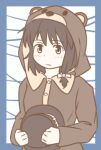  1girl animal_costume bear_costume black_eyes black_hair black_hat blush bow buttons closed_mouth commentary hat hat_bow holding holding_unworn_clothes holding_unworn_hat hood hood_up long_sleeves lowres medium_hair solo touhou unagi_sango unworn_hat unworn_headwear usami_renko white_bow 