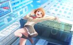  1girl :d ahoge black_border blush border bow bowtie braid building city cityscape clover_hair_ornament commentary_request game_asset grey_skirt hair_ornament highres letterboxed loafers long_sleeves love_live! love_live!_sunshine!! non-web_source official_art open_mouth orange_hair outdoors pillarboxed pleated_skirt red_bow red_bowtie red_eyes rooftop school_uniform self-datamine serafuku shoes short_hair side_braid skirt sky skyscraper smile socks solo takami_chika teeth upper_teeth_only uranohoshi_school_uniform world_dai_star 