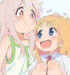  +++ 2girls :d bare_arms bare_legs bare_shoulders blonde_hair blue_background blue_eyes brown_eyes colored_inner_hair commentary crossover grey_hair hand_on_another's_head headpat highres lab_coat light_blush looking_at_another multicolored_hair multiple_girls nazonaji necktie nichijou onii-chan_wa_oshimai! open_mouth oyama_mahiro pink_hair professor_shinonome red_necktie simple_background smile tank_top trait_connection two-tone_hair 