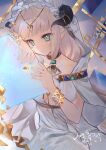  1girl aqua_nails arknights black_horns blonde_hair blue_eyes bracelet chinese_commentary closed_mouth collarbone commentary_request dress expressionless frills gold_jewelry horns jewelry kurokami_nekoya long_hair nightingale_(arknights) nightingale_(iakhu_of_flows)_(arknights) short_sleeves solo white_dress yellow_pupils 