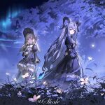  1girl animal_ears arknights bang_dream! bang_dream!_it's_mygo!!!!! black_dress black_horns black_thighhighs blue_butterfly blue_dress blue_gloves blue_hair blue_theme bug butterfly chinese_commentary closed_mouth commentary_request curved_horns dress flower from_side gloves green_eyes green_hair highres horns long_dress long_hair long_sleeves looking_at_viewer looking_to_the_side open_mouth outdoors puffy_sleeves rabbit_ears rabbit_girl shale solo standing thighhighs togawa_sakiko togawa_sakiko_(master_of_melodia) twitter_username wakaba_mutsumi wakaba_mutsumi_(marionette's_id) white_butterfly white_flower yellow_eyes 