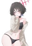  1girl absurdres arm_up bandeau belly bikini black_bandeau blue_archive blush brown_hair brown_shirt choker clenched_hand commentary_request cowboy_shot gaohuang43450 halo highres misaki_(blue_archive) misaki_(swimsuit)_(blue_archive) navel official_alternate_costume open_clothes open_shirt red_eyes shirt short_hair simple_background solo swimsuit white_background 