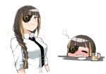  alcohol beer beer_glass black_necktie blunt_bangs blush braid breasts brown_eyes brown_hair chibi commentary_request contrast cup drunk eyepatch full-face_blush girls'_frontline head_on_table highres holding holding_cup junsuina_fujunbutsu large_breasts long_hair long_sleeves looking_at_viewer m16a1_(girls'_frontline) mole mole_under_eye multicolored_hair necktie polo_shirt scar scar_across_eye scar_on_face shirt simple_background solo white_shirt 