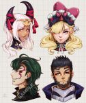  2boys 2girls armor asymmetrical_horns beard black_armor blonde_hair blue_eyes bow dragon_girl eyebrow_piercing face_piercing facial_hair facial_tattoo fire_emblem fire_emblem_engage frilled_headwear green_hair grey_armor grey_horns griss_(fire_emblem) hair_ornament hair_over_one_eye highres horns lip_piercing long_hair looking_at_viewer looking_to_the_side marni_(fire_emblem) mature_female mature_male mauvier_(fire_emblem) max_art149 multiple_boys multiple_girls piercing pink_bow pointy_ears portrait purple_ribbon red_armor red_eyes ribbon short_hair smile tassel tassel_hair_ornament tattoo thick_beard two-tone_headwear uneven_horns zephia_(fire_emblem) 