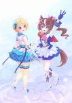  2girls ahoge animal_ears arm_up ascot belt blonde_hair blue_belt blue_eyes blue_gloves blue_jacket blue_skirt boots brown_hair commentary commission english_commentary epaulettes feather_hair_ornament feathers gloves hair_ornament high_heel_boots high_heels highres horse_ears horse_girl horse_tail ibuki_tsubasa idolmaster idolmaster_million_live! jacket kiraku_(s2_ou0uo_s2) long_hair long_sleeves looking_at_viewer machico_(voice_actor) multicolored_hair multicolored_jacket multiple_belts multiple_girls open_mouth pink_ascot plaid_clothes plaid_skirt ponytail red_eyes ripples short_hair single_epaulette skirt sleeveless smile standing star_(symbol) star_hair_ornament streaked_hair tail thighhighs tokai_teio_(peak_joy)_(umamusume) tokai_teio_(umamusume) turning_head two-tone_jacket two-tone_skirt umamusume voice_actor_connection water white_boots white_gloves white_jacket white_skirt white_streaks yellow_thighhighs 