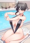  1girl aningay black_hair black_slingshot_swimsuit breasts cleavage commentary grey_eyes highres huge_breasts long_hair looking_at_viewer medium_hair multicolored_hair original pool seiza short_twintails sitting slingshot_swimsuit solo streaked_hair swimsuit twintails two-tone_hair white_hair 