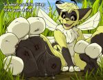 4_toes antennae_(anatomy) anthro arthropod barefoot bee biped black_body black_eyes black_feet black_sclera blonde_hair blood bodily_fluids brown_body brown_eyes brown_fur clothed clothing crushed_micros day detailed dialogue digital_media_(artwork) english_text extreme_size_difference fandroit feet felid feline felis foot_fetish foot_focus fur grass green_clothing group hair hi_res human hybrid hymenopteran insect insect_wings larger_anthro larger_male macro male male/male male_anthro mammal micro multicolored_body multicolored_fur neck_tuft nude open_mouth outside paws plant plantigrade shirt sitting size_difference sky smaller_anthro smaller_male smile soles solo_focus teeth text toes tongue topwear tree tuft white_body white_feet white_fur wings yellow_body yellow_fur