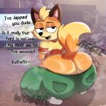 anthro bedroom_eyes big_butt bottomwear butt butt_jiggle canid canine clothing cute_fangs dialogue english_text eyebrows fangs footwear fox fur gaming glistening glistening_butt green_bottomwear green_clothing green_pants hi_res jiggling looking_back male mammal mario_bros mario_kart motion_blur motion_lines narrowed_eyes nintendo open_mouth orange_body orange_fur pants playing_video_game raised_eyebrow raised_tail seductive senordraws socks solo tail taunting teeth text tight_bottomwear tight_clothing tight_pants