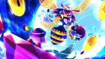 16:9 ambiguous_gender anthro archer_kirby arthropod bow_(weapon) clothing duo dutch_angle female floating_hands glowing glowing_eyes hat hat_feather headgear headwear hi_res holding_bow_(weapon) holding_object holding_ranged_weapon holding_weapon hymenopteran insect kirby kirby:_triple_deluxe kirby_(series) loose_feather moon nintendo queen_sectonia ranged_weapon tntvale waddling_head wasp weapon widescreen wings yellow_wings