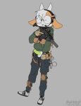 anthro balls bottomwear bottomwear_down bovid bravobunny caprine clothed clothed_male clothing electronics footwear fur genitals goat green_clothing green_hoodie green_penis green_topwear grey_background grey_balls grey_body grey_bottomwear grey_clothing grey_footwear grey_fur grey_pants grey_shoes gun headphones hi_res holding_gun holding_object holding_ranged_weapon holding_rifle holding_weapon hoodie humanoid_genitalia humanoid_penis male mammal military military_uniform multicolored_body multicolored_fur one_eye_closed open_mouth open_smile orange_body orange_fur pants pants_down partially_clothed penis ranged_weapon rifle shoes simple_background smile soldier solo topwear two_tone_body two_tone_fur uniform warrior weapon wink